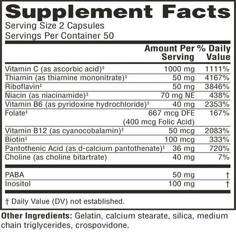 Twinlab Stress B-Complex Caps - High Potency Vitamin B Complex Capsules with Vitamin C 1000Mg - Long-Lasting Energy B Vitamins Complex for Immune Support, and More - 100 Capsules (Pack of 2)