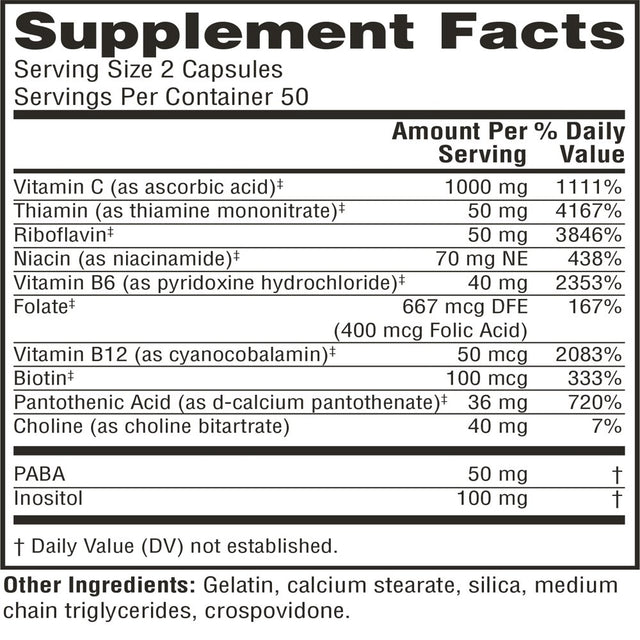 Twinlab Stress B-Complex Caps - High Potency Vitamin B Complex Capsules with Vitamin C 1000Mg - Long-Lasting Energy B Vitamins Complex for Immune Support, and More - 100 Capsules (Pack of 2)