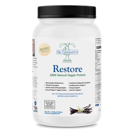 Dr. Tennant'S Restore Vanilla Veggie Protein | Premium Plant-Based Protein - 100% Natural Veggie Protein and Omega 3 Fusion, Including Pea Protein Isolate - Low Carb, Keto, Dairy Free - 30 Day Supply