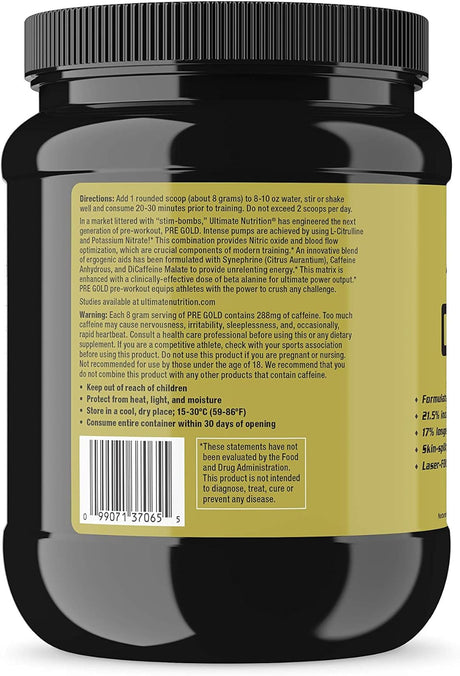 Ultimate Nutrition PRE Gold Preworkout Powder with Beta Alanine, Taurine, Citrulline, Vitamin C and Vitamin B6 - Pre Workout Energy Drink Supplement, 30 Servings, Blue Raspberry