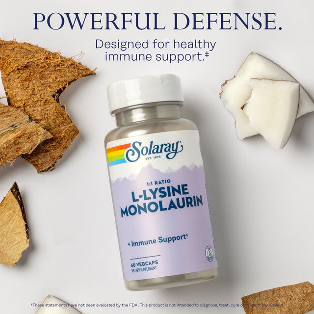 SOLARAY L-Lysine Monolaurin Immune Supplement | 1:1 Ratio for Immune System Function & Skin Health Support, 60 Vegcaps, 30 Serv.