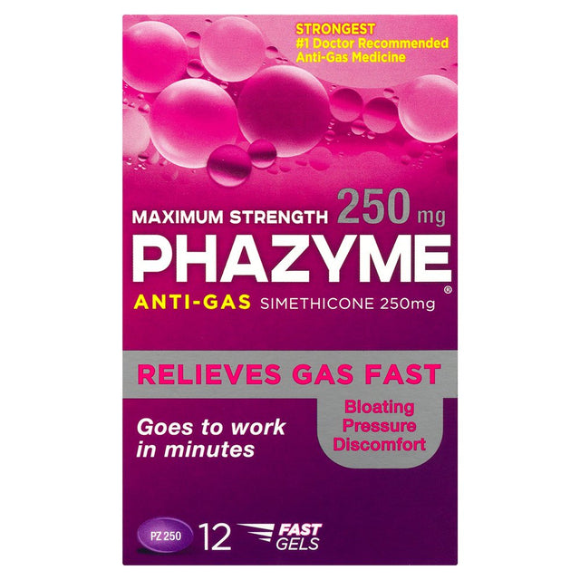 Phazyme Maximum Strength Gas & Bloating Relief, Works in Minutes, 12 Fast Gels