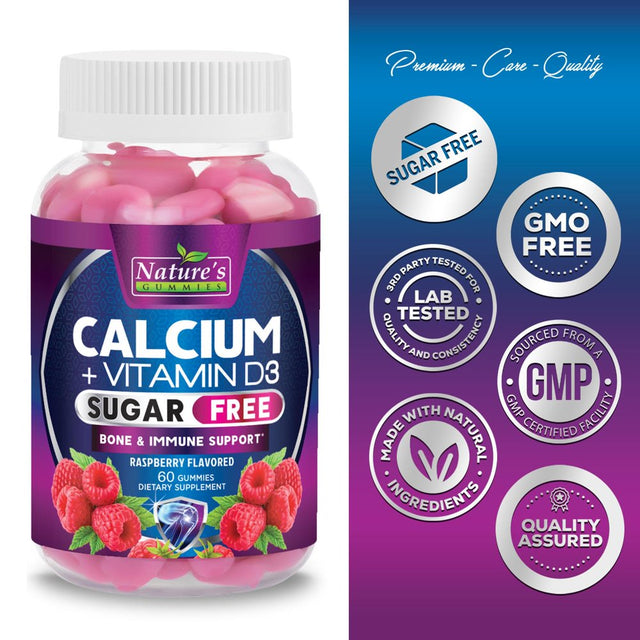 Sugar Free Calcium Gummy Bites plus 400 IU Vitamin D3, Bone Health & Immune Support, Supports Bone Strength - Chewable Calcium Nutrition Supplement, Non-Gmo, Berry Flavor Chews - 60 Gummies