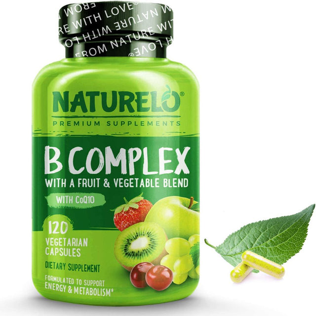 NATURELO Vitamin B Complex with Methyl B12, Methyl Folate, Vitamin B6, Biotin plus Choline, Coq10, and Fruit & Vegetable Blend - Supports Energy & Healthy Stress Response - Vegan - 120 Capsules