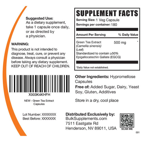 Bulksupplements.Com Green Tea Extract (50% EGCG) Capsules, 500Mg - Cognitive & Heart Support Supplements (180 Veg Caps - 180 Serv)