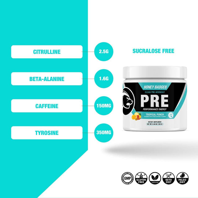 Honey Badger Pre Workout Powder | Vegan Keto Tropical Punch Preworkout | Natural Energy for Men & Women | Beta Alanine, Caffeine & Vitamin C for Immune Support | Sugar Free & Paleo | 30 Servings