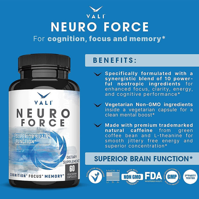 VALI Time Release Caffeine Neuro Force Bundle - Smart Slow Release Caffeine for Extended Energy, Focus & Alertness and Nootropic Brain Booster Supplement for Focus, Memory, Clarity & Energy