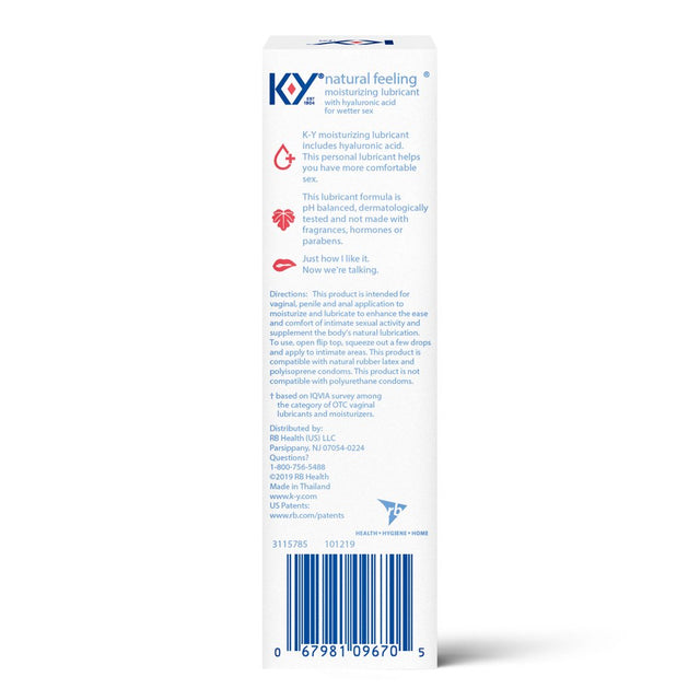 Water Based Lube K-Y Natural Feeling 3.38 Fl Oz Personal Lubricant for Adult Couples, Men, Women, Pleasure Enhancer, Vaginal Moisturizer, Ph Balanced, Hormone & Paraben Free, Latex Condom Compatible