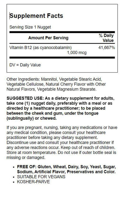 Solgar Vitamin B-12 1000Mcg Nuggets 250 Lozenge