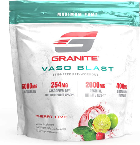 Granite® Vaso Blast Advanced 'Stim-Free' Pre-Workout (Cherry Lime) | Supports Vasodialation, NO Conversion, & ACE Inhibition for Max Pump with Grapeseed Extract, Arginine Nitrite, & Vasodrive-Ap®