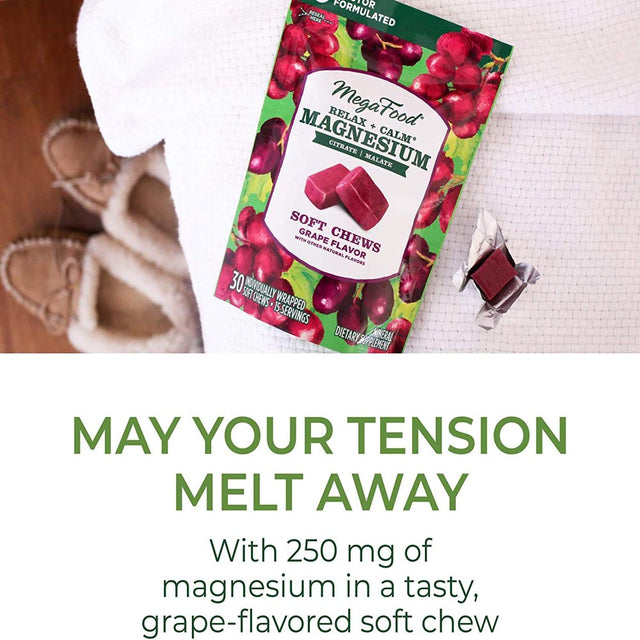 Megafood Relax + Calm Magnesium Soft Chews - Magnesium Supplement from Citrate and Malate - Gluten Free, Vegetarian & Made without Dairy & Soy - Grape Flavor - 30 Chews