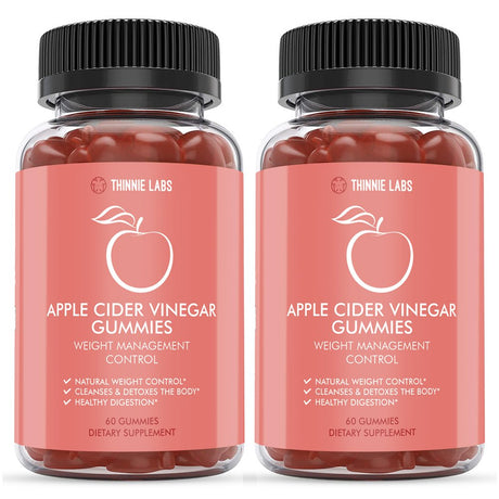 Thinnie Labs Apple Cider Vinegar Gummies - Weight Management Control - Detox and Cleanses the Body & Supports Natural Weight Control - Gluten & GMO Free (2-Bottles)