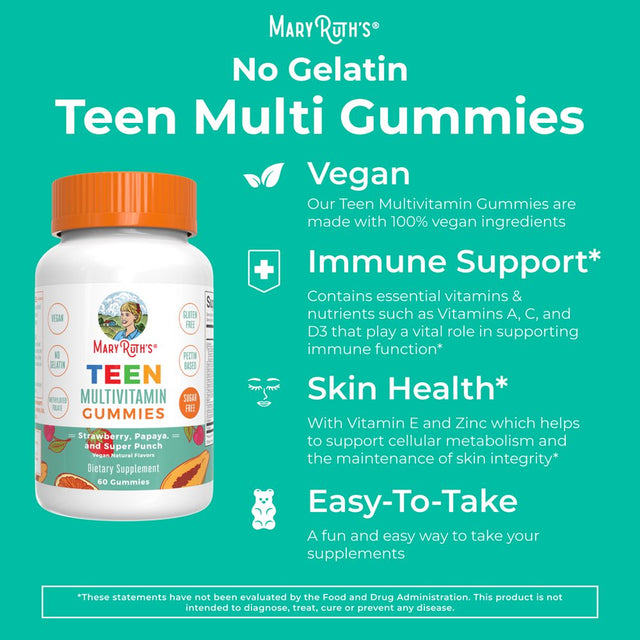 Maryruth Organics | Teen Multivitamin Gummies for Ages 13+ | Vitamins C, D, E, Zinc, and B Vitamins | Immune Support, Energy Boost, Skin & Hair Health | 60 Count