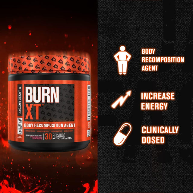 Jacked Factory Burn-Xt Powder for Men & Women - Improve Focus & Increase Energy - Premium Acetyl L-Carnitine, Green Tea Extract, Capsimax Cayenne Pepper, & More - 30 Sv, Strawberry Lemonade