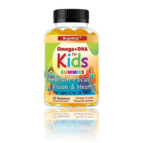 Brightkids Brain Focus, Vision & Heart Health Formula, Omega 3 Gummies +DHA, Support Focus Attention Memory Cognition Focus Formula for Kids 60 Gummies