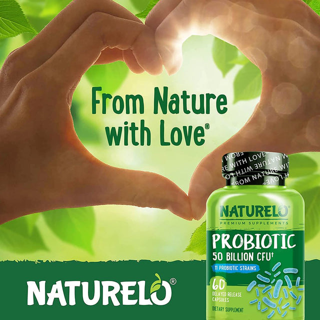 NATURELO Probiotic Supplement - 50 Billion CFU - 11 Strains - One Daily - Helps Support Digestive & Immune Health - Delayed Release - No Refrigeration Needed - 60 Vegan Capsules