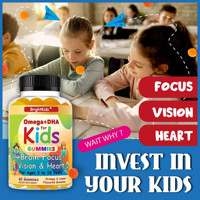 Brightkids Brain Focus, Vision & Heart Health Formula, Omega 3 Gummies +DHA, Support Focus Attention Memory Cognition Focus Formula for Kids 60 Gummies