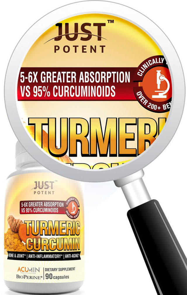 Just Potent Ultra-High Absorption Turmeric Curcumin with Bioperine | 3-Month Supply | Antioxidant + Bone and Joint Health | 90 Capsules | 2-Pack