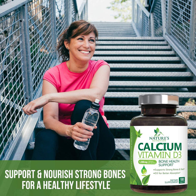 Calcium 1200 Mg plus Vitamin D3, Bone Health & Immune Support - Nature'S Calcium Supplement with Extra Strength Vitamin D for Extra Strength Carbonate Absorption Dietary Supplement - 180 Tablets