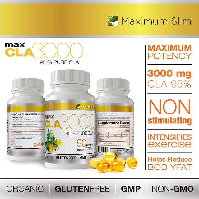 MAX CLA 3000, High Potency, Natural Weight Loss Exercise Enhancement, Increase Lean Muscle Mass, Non-Stimulating, Non-Gmo 95% Pure CLA, 90 Count