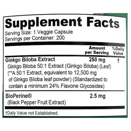 Nusapure Ginkgo Biloba Extract: 12,500Mg/Veggie Caps X 200 (Vegetarian, Non-Gmo, Gluten-Free & 50:1 Extract) with Bioperine, Dietary Supplement for Unisex Adult Health & Wellness