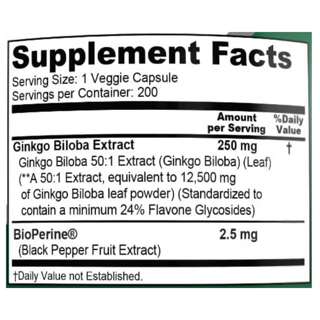 Nusapure Ginkgo Biloba Extract: 12,500Mg/Veggie Caps X 200 (Vegetarian, Non-Gmo, Gluten-Free & 50:1 Extract) with Bioperine, Dietary Supplement for Unisex Adult Health & Wellness