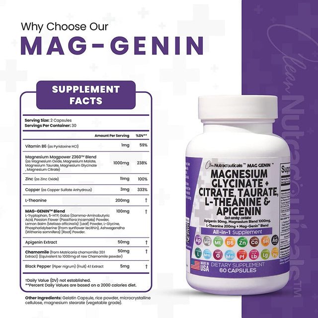 Magnesium Glycinate Complex 1000Mg with L-Theanine 200Mg Apigenin 50Mg Citrate Taurate Supplement - 5-HTP GABA Passion Flower Lemon Balm L-Glycine Phosphatidylserine Ashwagandha - USA Made Clean Nutra