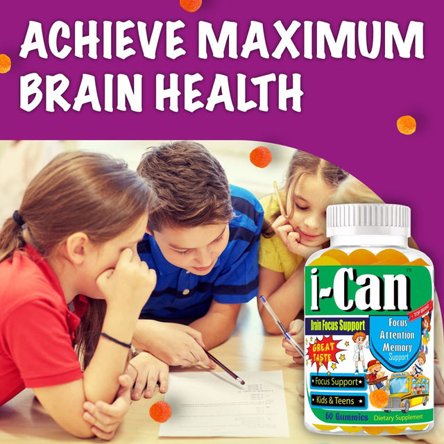 I-Can Brain Focus Supplements for Kids & Teens, Memory Booster Brain Vitamins with Omega 3 6 9, EPA DHA- 60 Gummy Vitamins