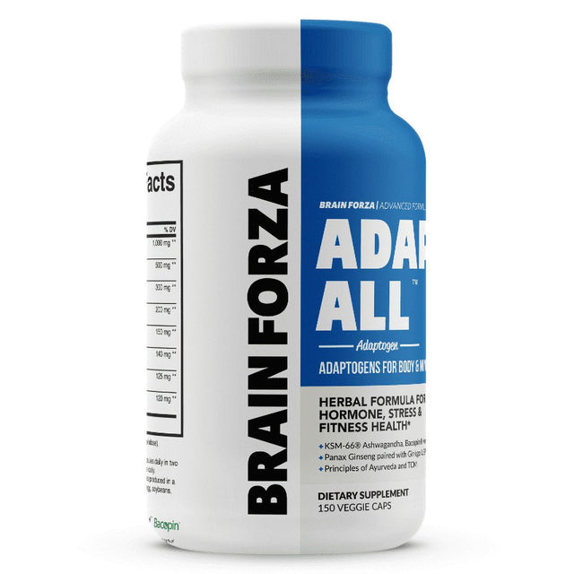 Brain Forza Adapt All Herbal Adaptogen for Stress, Mood and Athletic Performance W/ KSM-66 Ashwagandha, Bacopa, Rhodiola Rosea, Cordyceps, Lemon Balm, Ginkgo Biloba USP, 150 Capsules