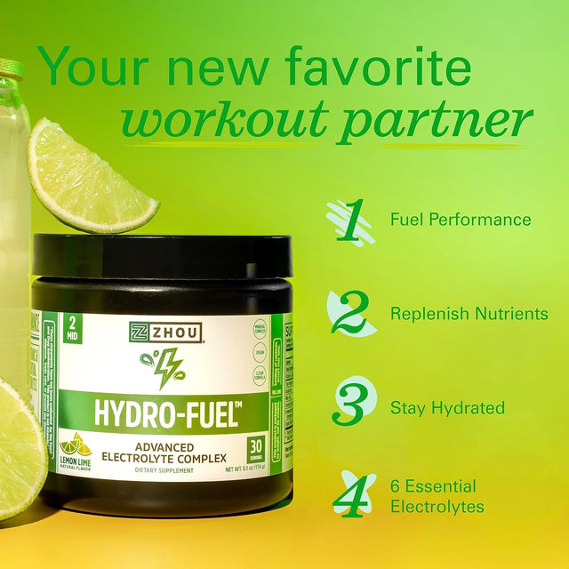 Zhou Nutrition Hydro Fuel, Sugar Free Electrolyte Powder, Replenish Nutrients, Restore Hydration, Natural Mineral Complex with Coconut Water Concentrate, Vegan, Gluten Free, Lemon Lime, 30 Servings