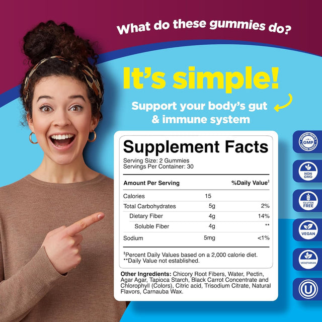 Sugar Free Fiber Gummies for Adults - Tasty Prebiotic Fiber Supplement Gummies for Digestive Health and Immune Support - Fiber Gummies for Adults Sugar Free Vegan Kosher and Gluten Free - 60 Count