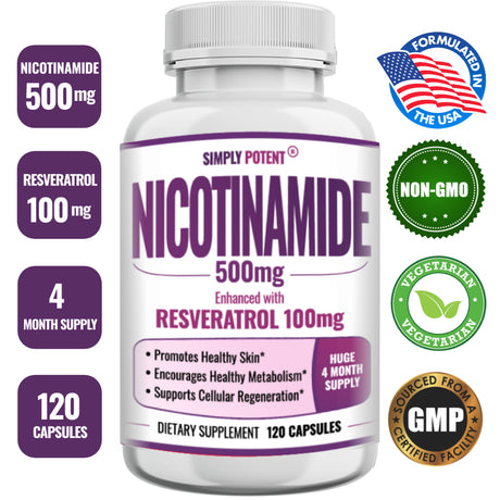 Nicotinamide 500Mg with Resveratrol 100Mg - 120 Veggie Capsules - Vitamin B3 Supplement Pills to Support NAD, Skin Cell Health & Energy