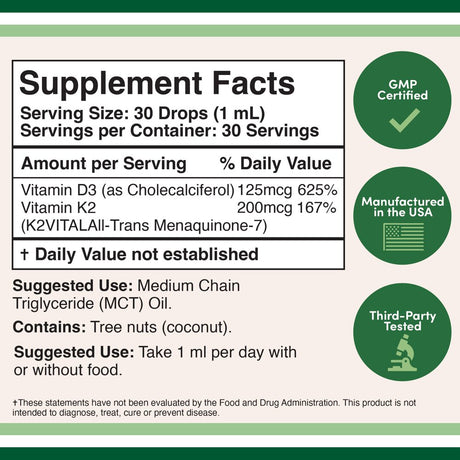 Vitamin D3 + L2 Liquid - 30 Servings 5000 IU D3, 200 Mcg K2