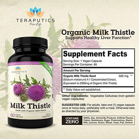 Organic Milk Thistle | Non GMO 2000Mg 4X Concentrated Vegan Daily Supplement W/Silymarin Seed Extract for Liver Support, Detox and Cleanse - 60 Veggie Capsules