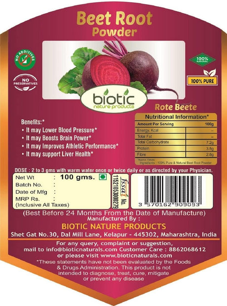 Biotic Beet Root Powder (Beta Vulgaris) Beetroot Powder for Healthy Skin & Body - 100G