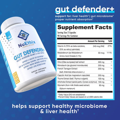 Nuethix Gut Defender+ Total Microbiome Balance Dietary Supplement with Amino Acids and Vitamins, 180 Capsules, 90 Servings