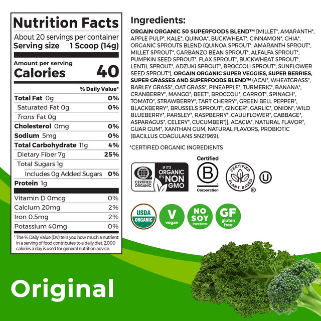 Orgain Vegan Organic Greens & 50 Superfoods Powder- 1B Probiotics, Original Flavor, 0.62Lb