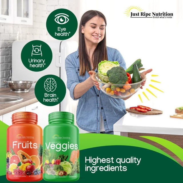 Just Ripe Nutrition Fruits and Veggies Supplement - 90 Fruit and 90 Vegetable Capsules - 100% Whole Natural Superfood - Filled with Vitamins and Minerals - Supports Energy Levels (4 Pack)