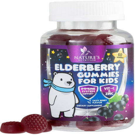 Elderberry Gummies for Kids with Vitamin C, Zinc & Sambucus Black Elderberry Extract - Daily Childrens Immune Support Vitamins Gummy Supplement, Non-Gmo, Vegan, Natural Berry Flavor - 60 Gummies