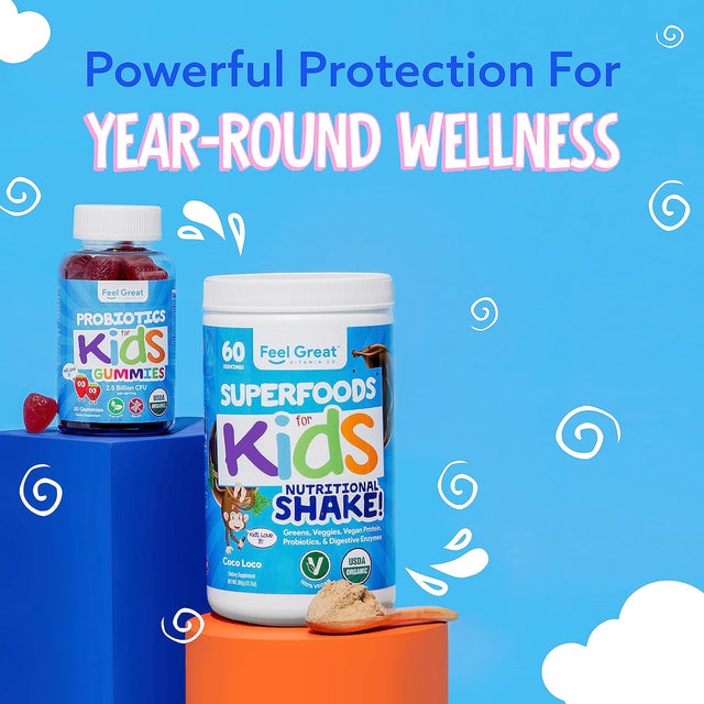 Feel Great USDA Organic Kids Protein Shake | Kids Protein Powder with Greens, Vitamins, Probiotics & Antioxidants | Vegan Chocolate Kids Nutritional Shake & Smoothie Mix | 60 Servings