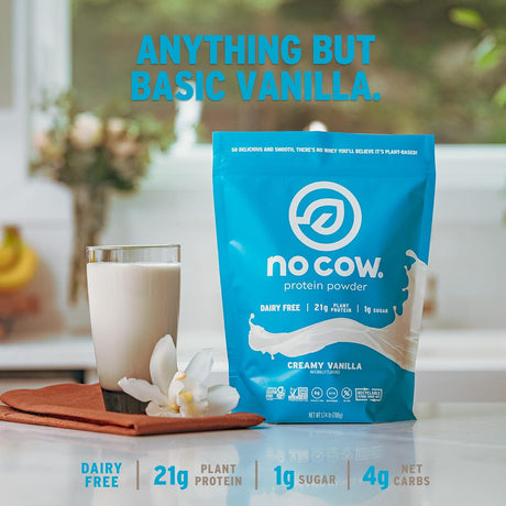 No Cow Vegan Protein Powder, Vanilla, 21G Plant Based Protein, Recyclable Bag, Dairy Free, Soy Free, No Sugar Added, Keto Friendly, Gluten Free, Naturally Sweetened, Non GMO, Kosher, 1.74 Pound