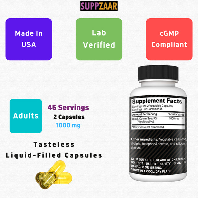 SUPPZAAR Vegan Black Seed Oil Capsules 1000Mg. Cold-Pressed Nigella Sativa Black Cumin Seed Oil