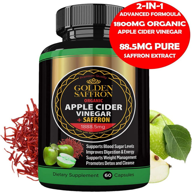 Golden Saffron 100% Organic Apple Cider Vinegar Pills 1800 Mg plus 88.8 Saffron Extract - 2 in 1 Supplement, Natural Digestion, Immune Booster Support & Cleansing Supplement with Probiotics