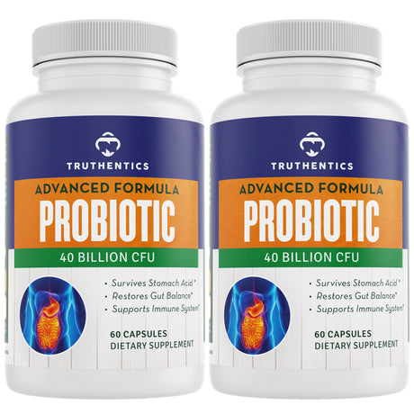 Truthentics Probiotic 40 Billion CFU Supplement with Prebiotics (2 Pack) for Women and Men- Stomach Acid Protection - No Refrigeration Needed - 120 Capsules