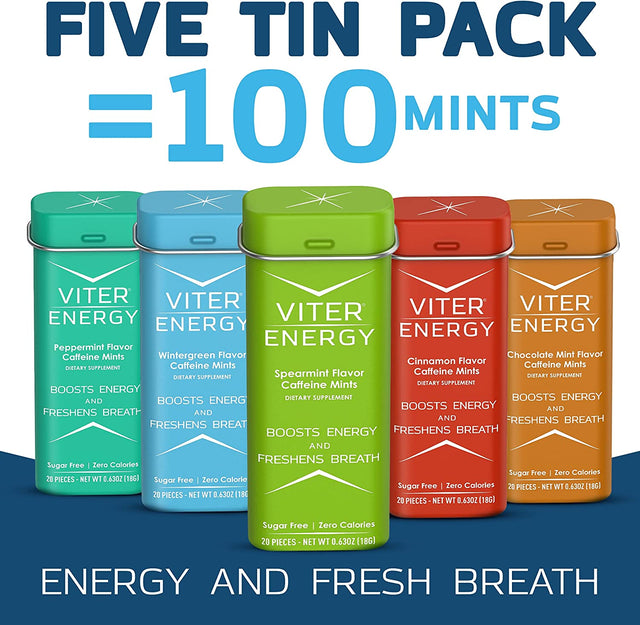 Viter Energy 40Mg Caffeine Mints, Sugar Free, B Vitamins, Vegan, Energy & Focus Nootropic Supplement (Variety Flavors, 20Pcs, 5 Pack, 120Pcs Total)