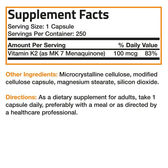 Bronson Vitamin K2 as MK-7 Menaquinone 100 Mcg (Per Serving) - Non-Gmo, Gluten Free, Soy Free, 250 Capsules