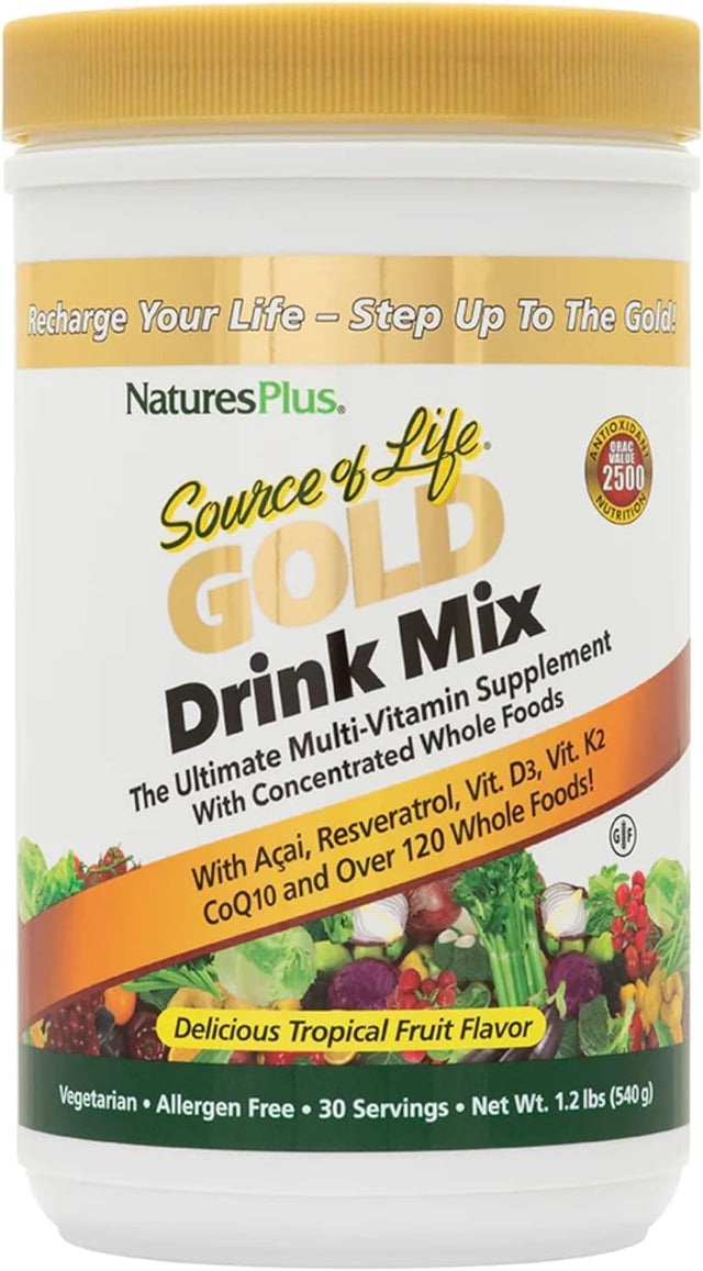 Naturesplus Source of Life Gold Drink Mix, Tropical Fruit Flavor - 1.2 Lb - Multi-Vitamin Supplement - Blood, Bone & Immune Support - Gluten Free - 30 Servings