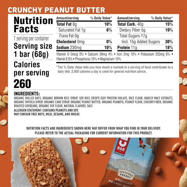 CLIF BAR - Crunchy Peanut Butter - Made with Organic Oats - Non-Gmo - Plant Based - Energy Bars - 2.4 Oz. (18 Pack)