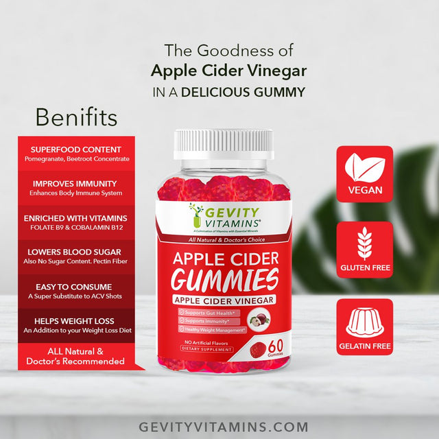 Gevity Vitamins Apple Cider Vinegar Gummies, 60 Gummies, Dietary Supplements