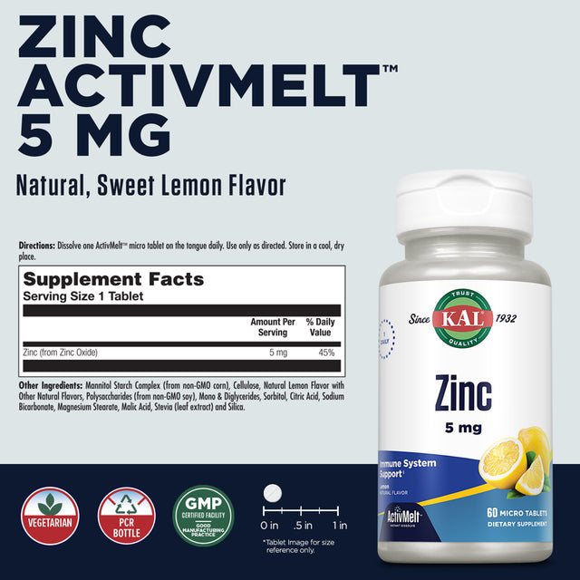 KAL Zinc 5 Mg Activmelt | Sweet Lemon Flavor | Healthy Protein Synthesis, Growth, Taste Acuity & Immune System Function Support | 60 Micro Tablets